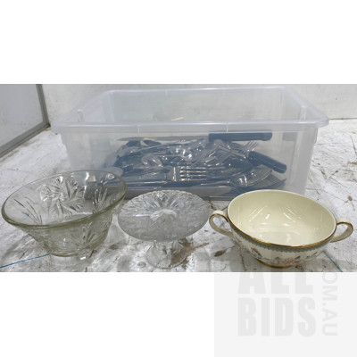 Lot of Cutlery, Vintage China Teacup, Glass Dish and Glass Stand