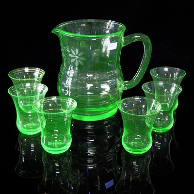 Art Deco Uranium Glass Water Jug with Etched Floral Motif and a Set of Six Glasses