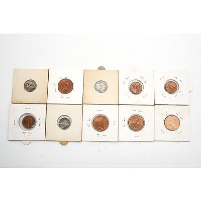 Ten Various Carded 1c, 2c and Three Pence Coins