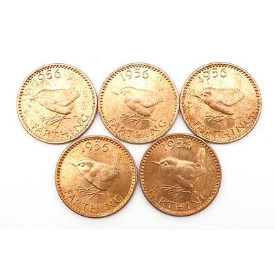 Five 1956 (Last Year of Production) UK Farthings, Ex Royal Mint Bag