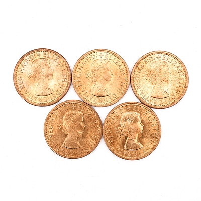 Five 1956 (Last Year of Production) UK Farthings, Ex Royal Mint Bag