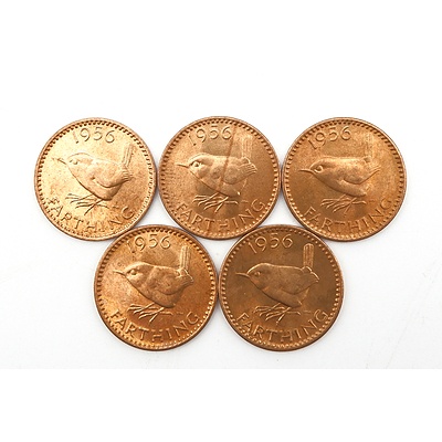 Five 1956 (Last Year of Production) UK Farthings, Ex Royal Mint Bag