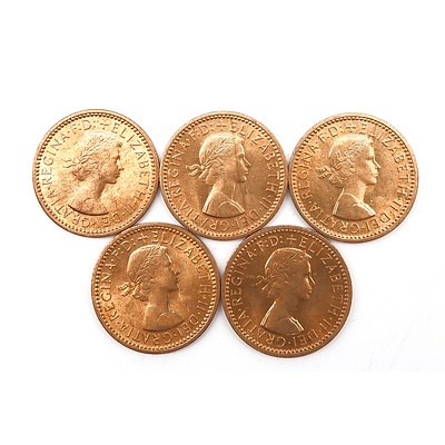 Five 1956 (Last Year of Production) UK Farthings, Ex Royal Mint Bag