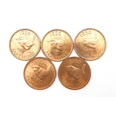 Five 1956 (Last Year of Production) UK Farthings, Ex Royal Mint Bag