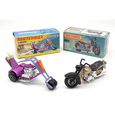 Two Boxed 1980 matchbox motorbikes - No 38 Stingerod and No 50 Harley Davidson (2)