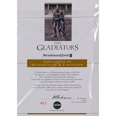 The Gladiators NRL Legends Limited Edition Lithographic Print 463/1000, with Signatures by Norm Provan and Arthur Summons with Certificate of Authenticity
