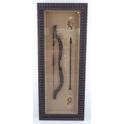 Vintage Mongolian Hunting Bow and Arrow Mounted in Large Shadow Box Frame