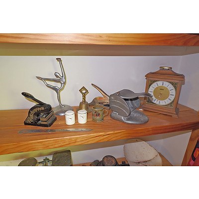 Various Curios, Cheque Embosser, Vintage Hole Punch, Qantas Wedgwood Salt and Pepper Pots Etc