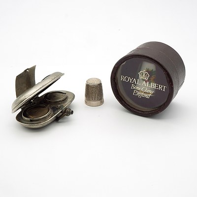 Vintage Silver Plated Double Sovereign Case, Boxed Royal Albert Thimble and Another Thimble