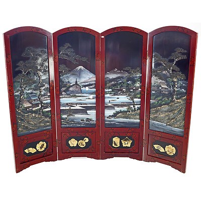 Good Japanese Red and Black and Polychrome Lacquer Painted Four-fold Floor Screen, Meiji Period 1868-1912