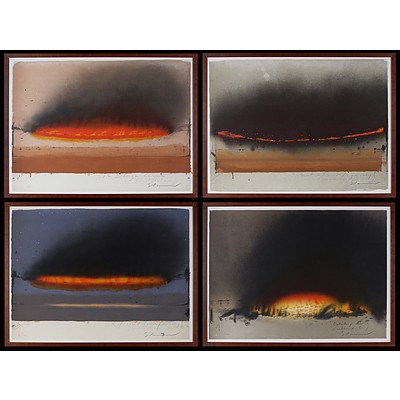 Tim Storrier (born 1949), Blaze Line Quartet: i) Site Blaze Line (Installation); ii) Point to Point (A Journey/ Across); iii) Reflected Line (Evening) (Installation), iv) Fire (Elements), Lithograph