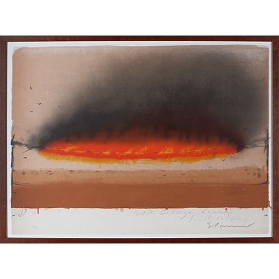 Tim Storrier (born 1949), Blaze Line Quartet: i) Site Blaze Line (Installation); ii) Point to Point (A Journey/ Across); iii) Reflected Line (Evening) (Installation), iv) Fire (Elements), Lithograph