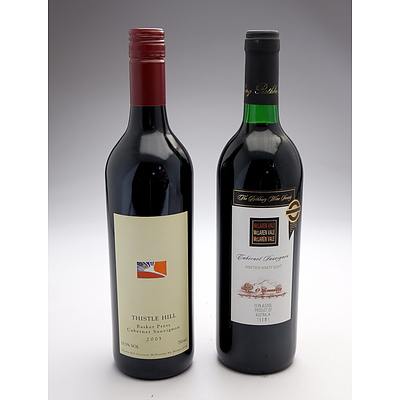 Rothbury Wine Society 1998 McLaren Vale Cabernet Sauvignon and Thistle Hill Mudgee District 2003 Basket Press Cabernet Sauvignon - Two Bottles (2)