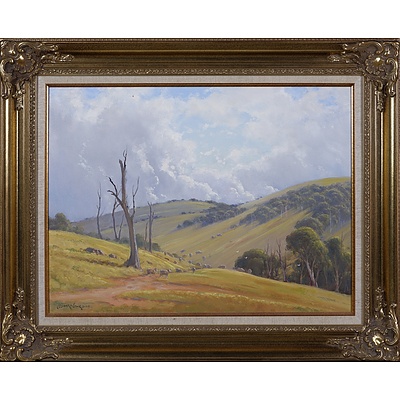 Leonard Long (1911-2013), Stormy Day - Wee Jasper at Cookmondoon Station 2004, Oil on Canvas on Board, 45 x 60 cm