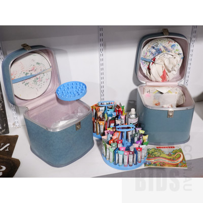 Two Retro Australian Hobbytex Fabric Paint Sets on Turntable with Original Instruction Booklets, All in Two Retro Carry Cases