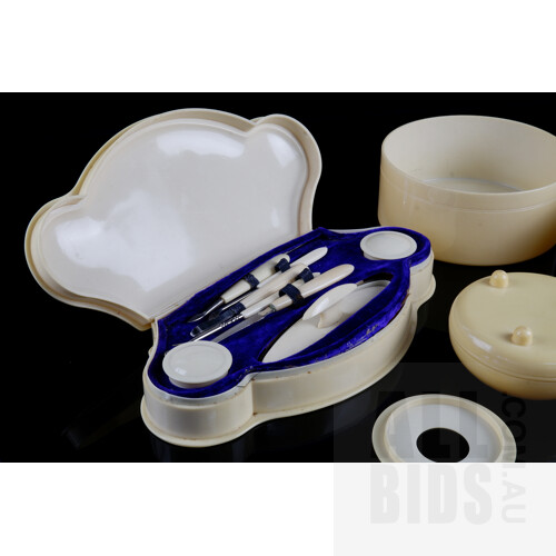 Edwardian Zylonite Manicure Set, Powder Jar, and Collar Box, Made in England