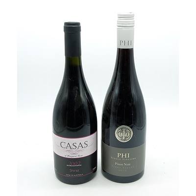 Phi Single Vineyard 2010 Pinot Noir and Casas Margaret River 2002 Shiraz - Lot of Two Bottles (2)