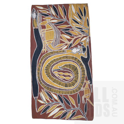Attributed to Bunumbirr Bininyuwuy (1928-1982), Natural Earth Pigments on Eucalyptus Bark, 106 x 55 cm