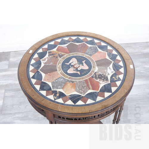 Victorian Mahogany Wine Table in the Chippendale Style with Italian Pietra-Dura Top Inlaid with the Trinacria and Inscription, Late 19th Century