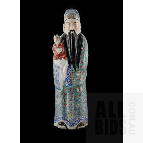 Chinese Republic Period Famille Rose Figure of Fu Xing, Xin Yi Jing Shang Impressed Seal Mark