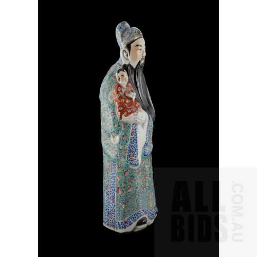 Chinese Republic Period Famille Rose Figure of Fu Xing, Xin Yi Jing Shang Impressed Seal Mark