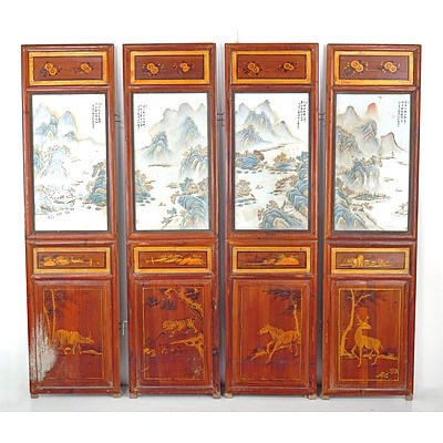 Chinese Four-Fold Floor Screen Inset with Hand Painted Famille Rose Porcelain Landscape Plaques, 20th Century