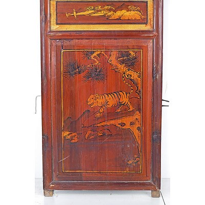 Chinese Four-Fold Floor Screen Inset with Hand Painted Famille Rose Porcelain Landscape Plaques, 20th Century