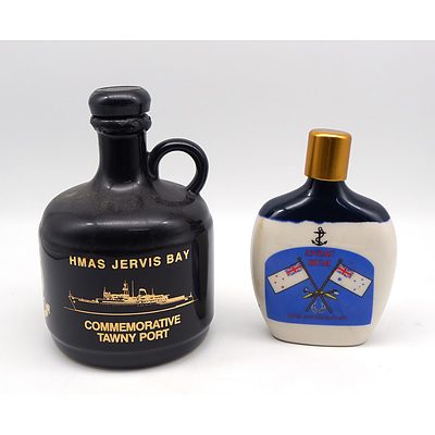 Aitken Estates Royal Australian Navy ANZAC Rum 200 ml in Soneware Bottle and a HMAS Jervis Bay Emptly Port Decanter (2)