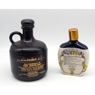 Aitken Estates Royal Australian Navy ANZAC Rum 200 ml in Soneware Bottle and a HMAS Jervis Bay Emptly Port Decanter (2)
