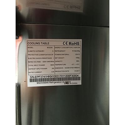 Snowman 560L Stainless Steel Prep Bench with 4 Door Display Fridge Underneath