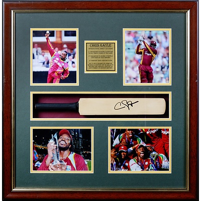 Framed Chris Gayle Memorabilia - Four Photos, Signed Miniature Bat and Statistics Plaque