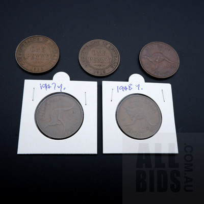 Five Australian Pennies 1918, 1933, 1944, 1947, 1948