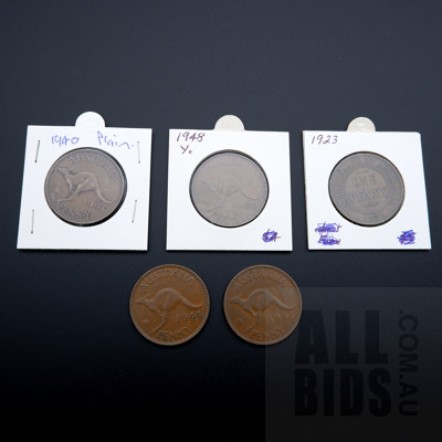 Five Australian Pennies 1923, 1941, 1944, 1940, 1948