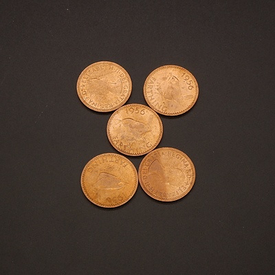 Five 1956 (Last Year of Production) UK Farthings, Ex Royal Mint Bag