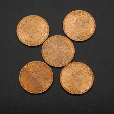 Five 1956 (Last Year of Production) UK Farthings, Ex Royal Mint Bag