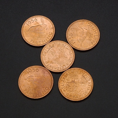 Five 1956 (Last Year of Production) UK Farthings, Ex Royal Mint Bag