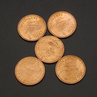 Five 1956 (Last Year of Production) UK Farthings, Ex Royal Mint Bag