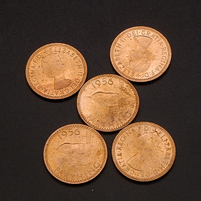 Five 1956 (Last Year of Production) UK Farthings, Ex Royal Mint Bag
