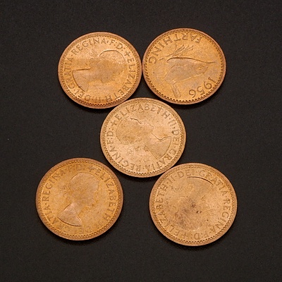 Five 1956 (Last Year of Production) UK Farthings, Ex Royal Mint Bag
