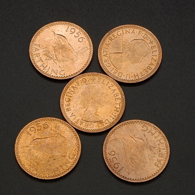 Five 1956 (Last Year of Production) UK Farthings, Ex Royal Mint Bag