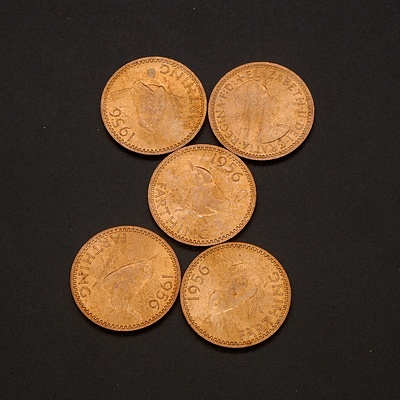 Five 1956 (Last Year of Production) UK Farthings, Ex Royal Mint Bag
