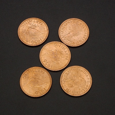 Five 1956 (Last Year of Production) UK Farthings, Ex Royal Mint Bag