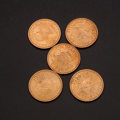Five 1956 (Last Year of Production) UK Farthings, Ex Royal Mint Bag
