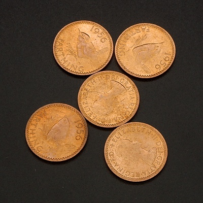 Five 1956 (Last Year of Production) UK Farthings, Ex Royal Mint Bag