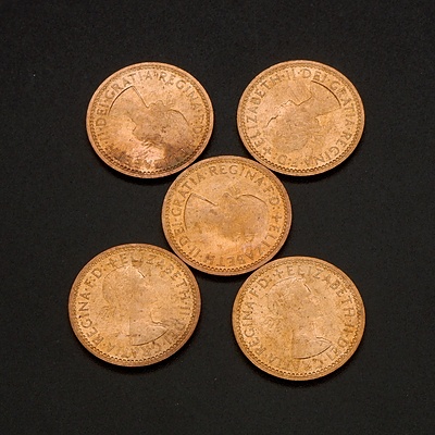 Five 1956 (Last Year of Production) UK Farthings, Ex Royal Mint Bag