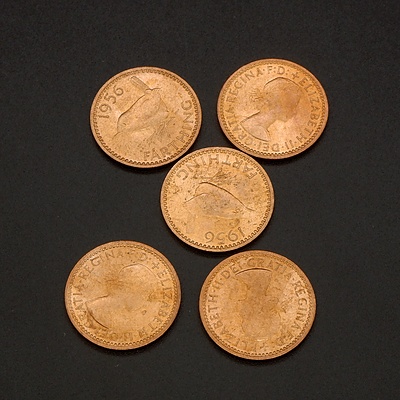 Five 1956 (Last Year of Production) UK Farthings, Ex Royal Mint Bag