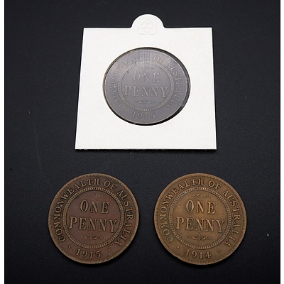 Three Australian Pennies, 1914, 1915 and 1915H