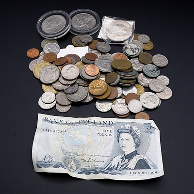 Collection of International Coins and Tokens, Including 1981 Royal Wedding Crown, 1917 Half Penny, UK % Pound Note and More