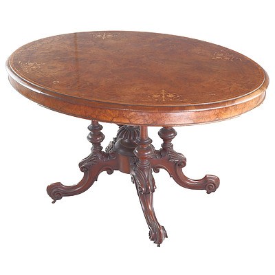 Victorian Burr Walnut Tilt Top Loo Table with Inlaid Floral Wreath