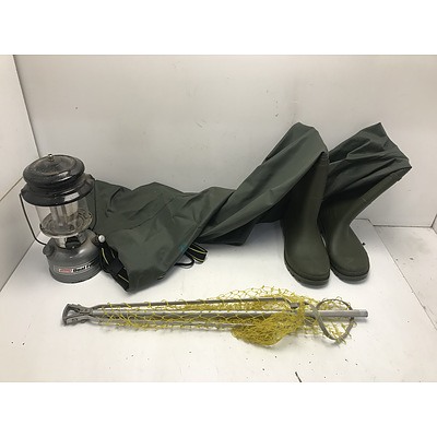 Coleman Kerosene Lamp Fishing Net and Kokoda Waders